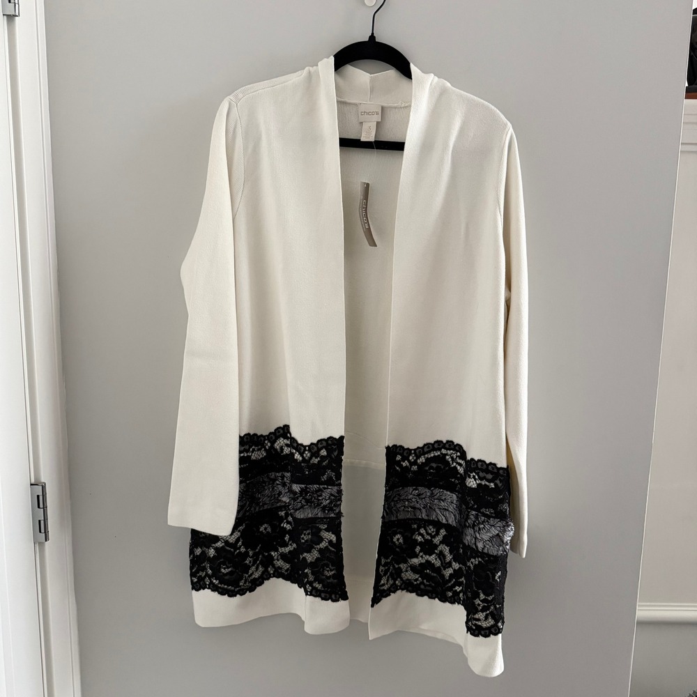Chico's Lace Drama Cardigan Sweater Ecru White Black Lace Trim Size 3 US XL